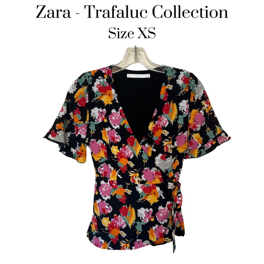 EUC Zara Trafluc Collection short ruffle sleeve wrap blouse SZ XS multicolored